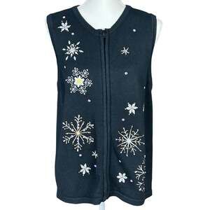 CDP & Co Knit Vest Size  Medium Black Silver Snowflake Embroidered Beaded Top